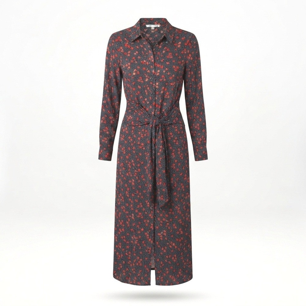 Zara Shirt Dress Womens Medium Black Red Floral Polka Dot Tie Front Midi Ditzy